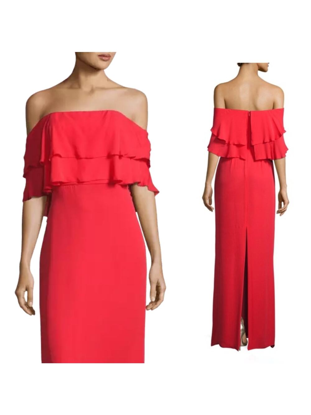 PARKER BLACK 'Helen' Coral Red Silk Chiffon Off Shoulder Gown NWT $388 US 6